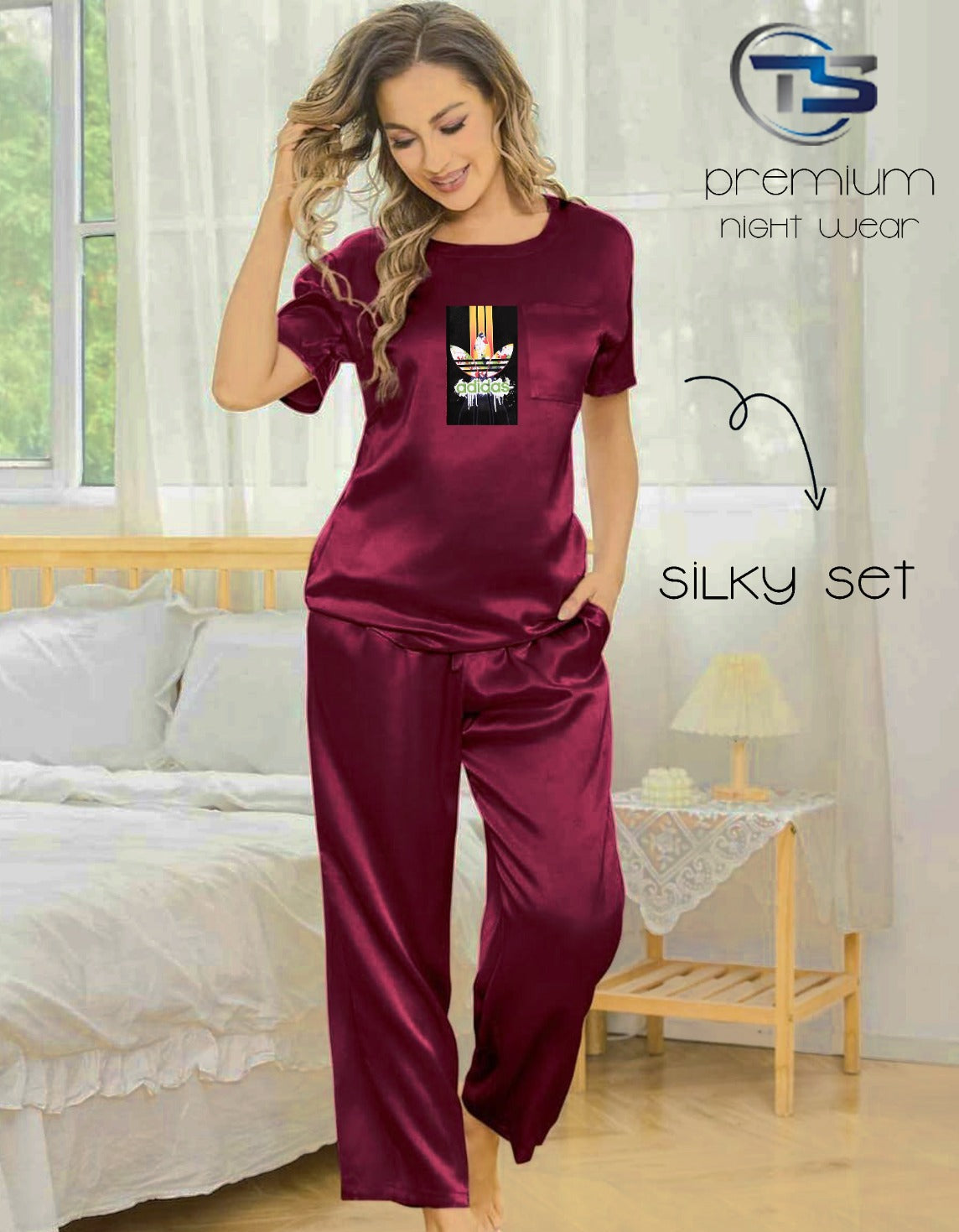 Adidas Night Dress for Women Daily Wear PJ Soft Silk Night Suit